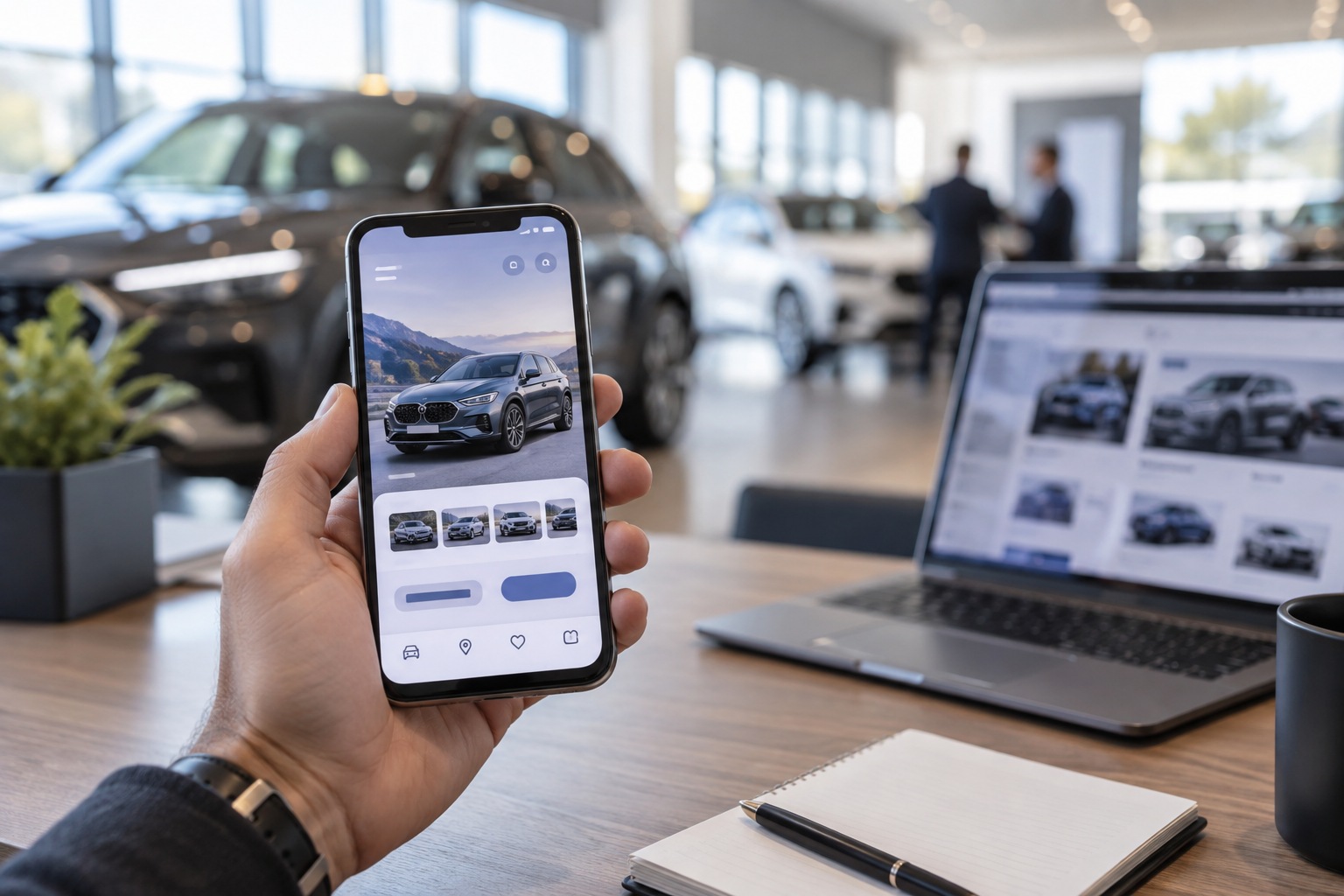 Smartphone displaying a vehicle advertisement in a dealership