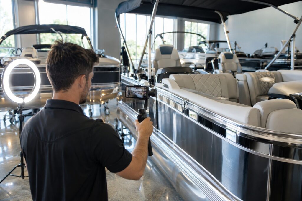 Content creator filming a smartphone walkaround of a pontoon boat in a showroom