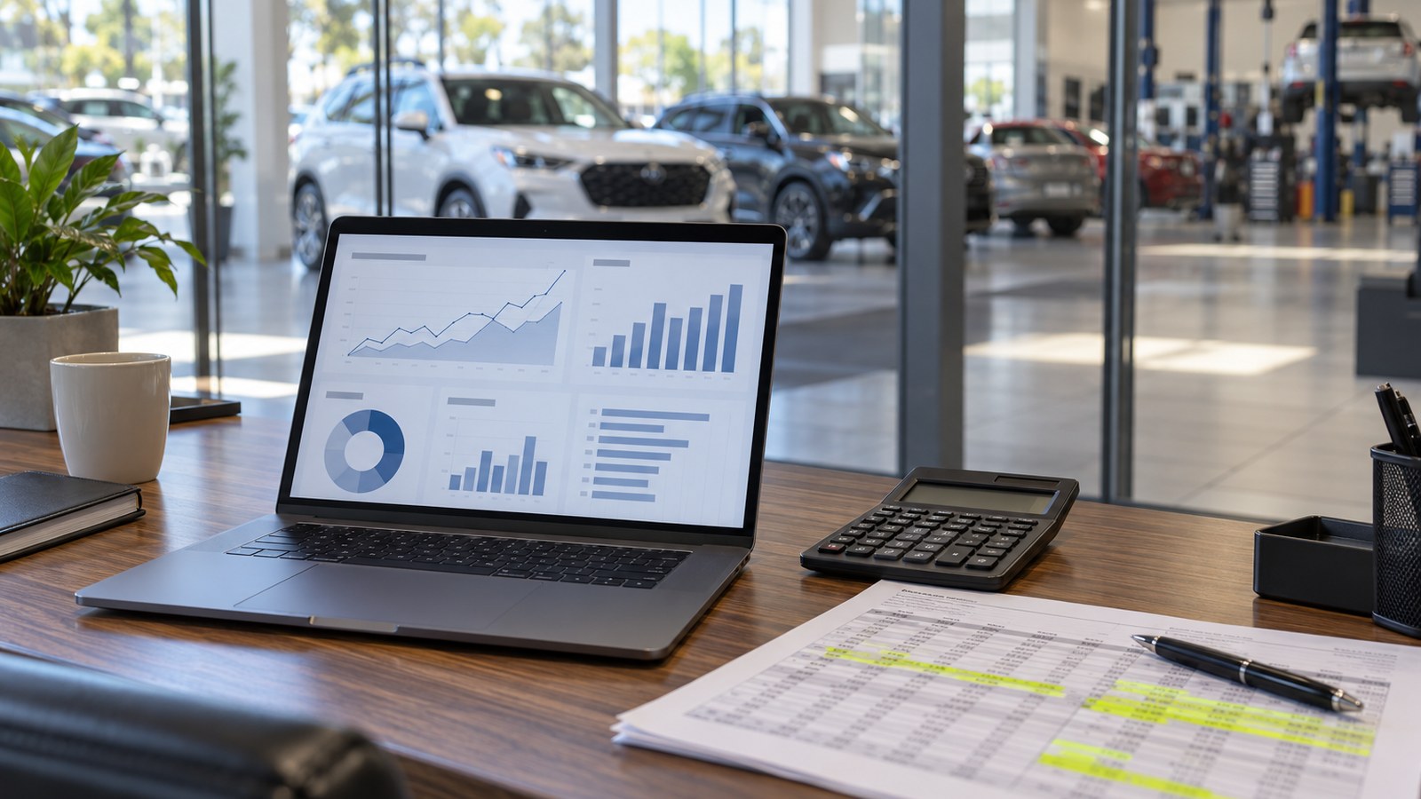 Laptop with an analytics dashboard, calculator and highlighted spreadsheet on a desk overlooking a dealership showroom