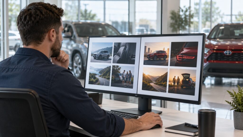 Marketing professional reviewing vehicle ad variations on a monitor in a car showroom.